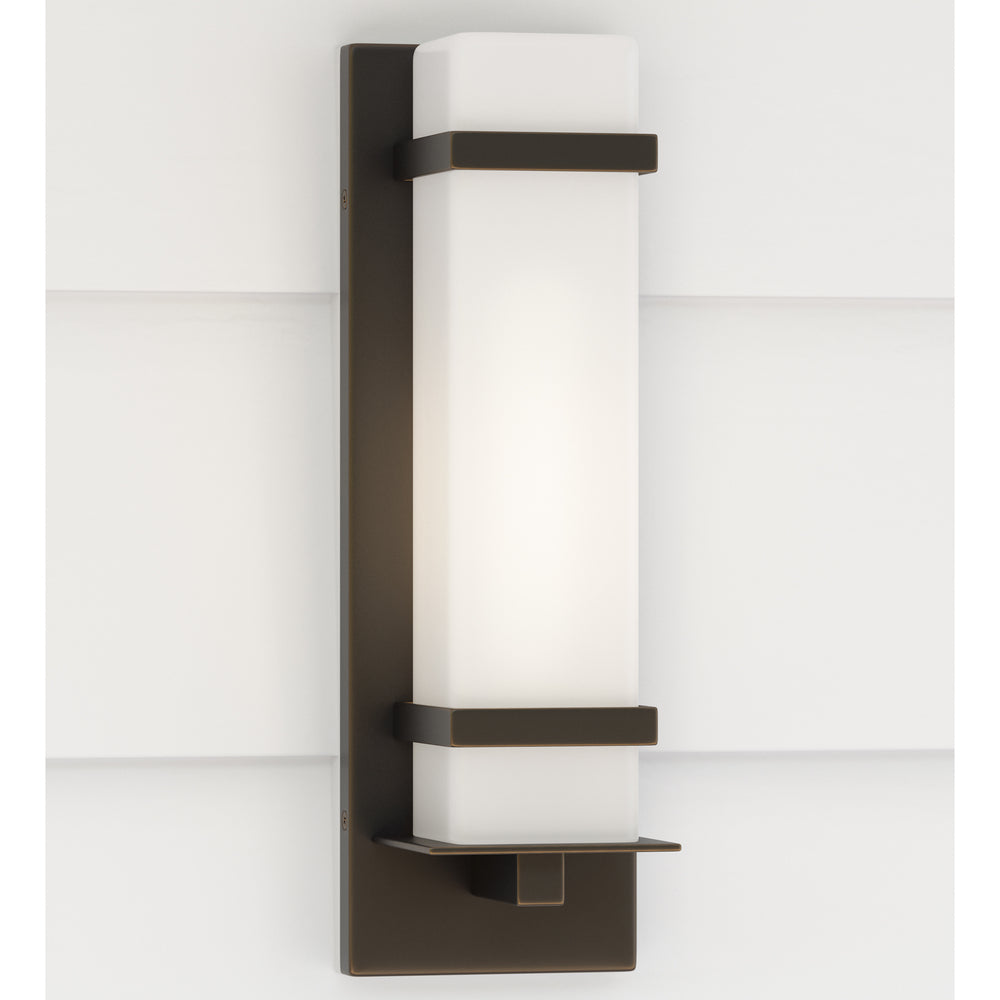 Alban modern 1-light outdoor exterior small wall lantern in antique bronze finish with etched opal g