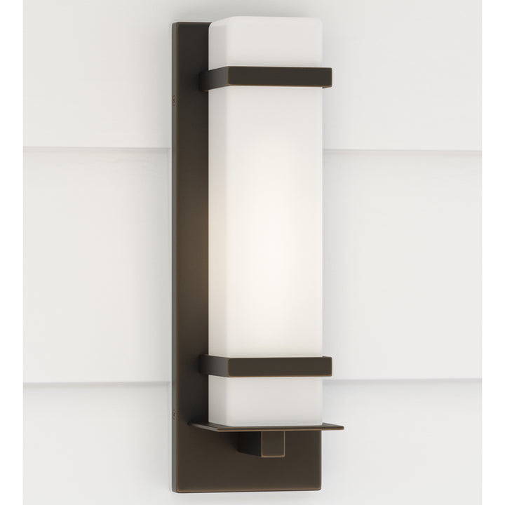 Alban modern 1-light outdoor exterior small wall lantern in antique bronze finish with etched opal g