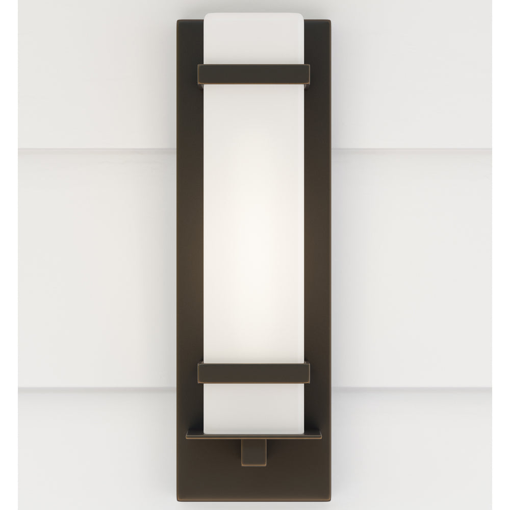 Alban modern 1-light outdoor exterior small wall lantern in antique bronze finish with etched opal g