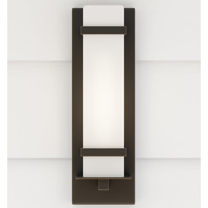 Alban modern 1-light outdoor exterior small wall lantern in antique bronze finish with etched opal g