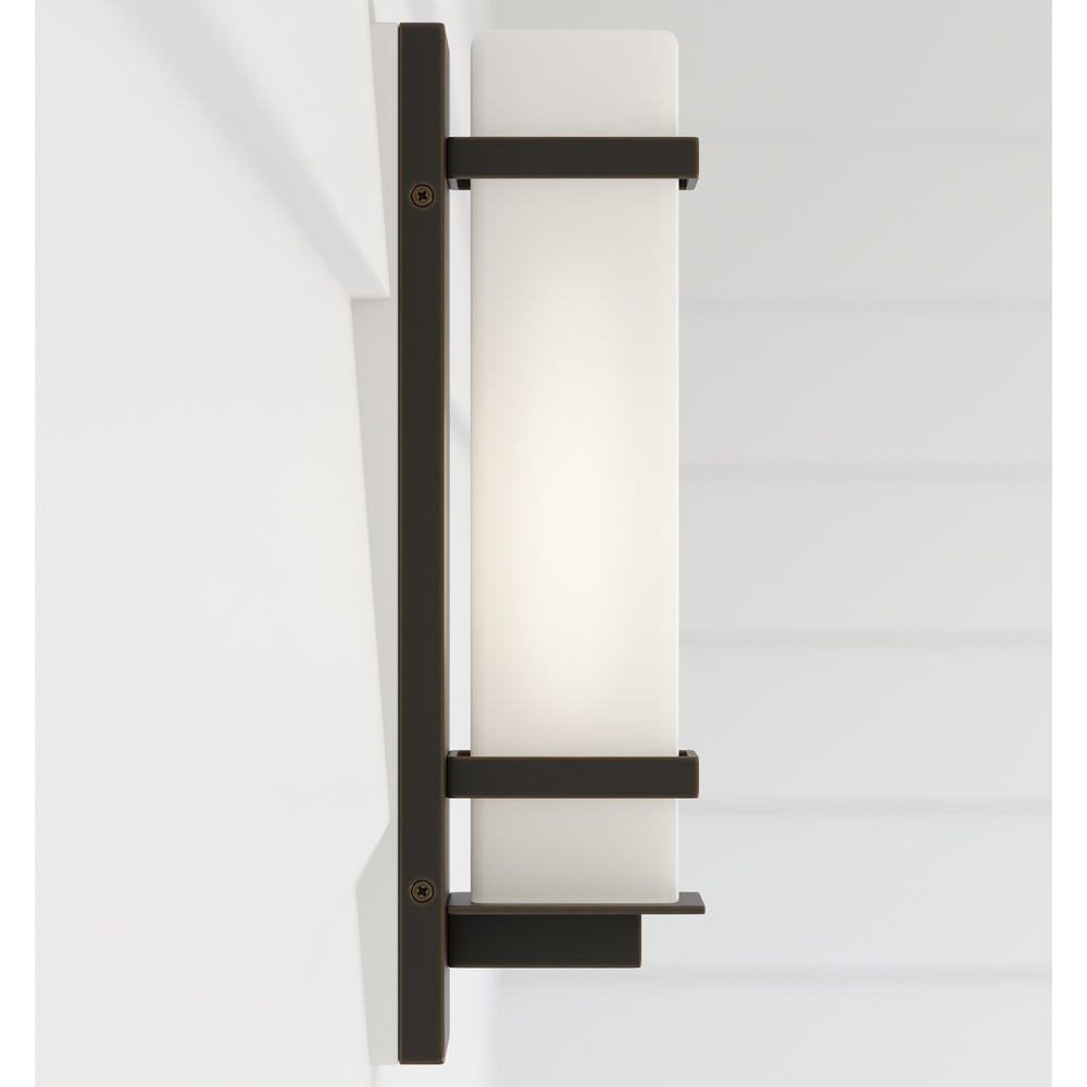 Alban modern 1-light outdoor exterior small wall lantern in antique bronze finish with etched opal g