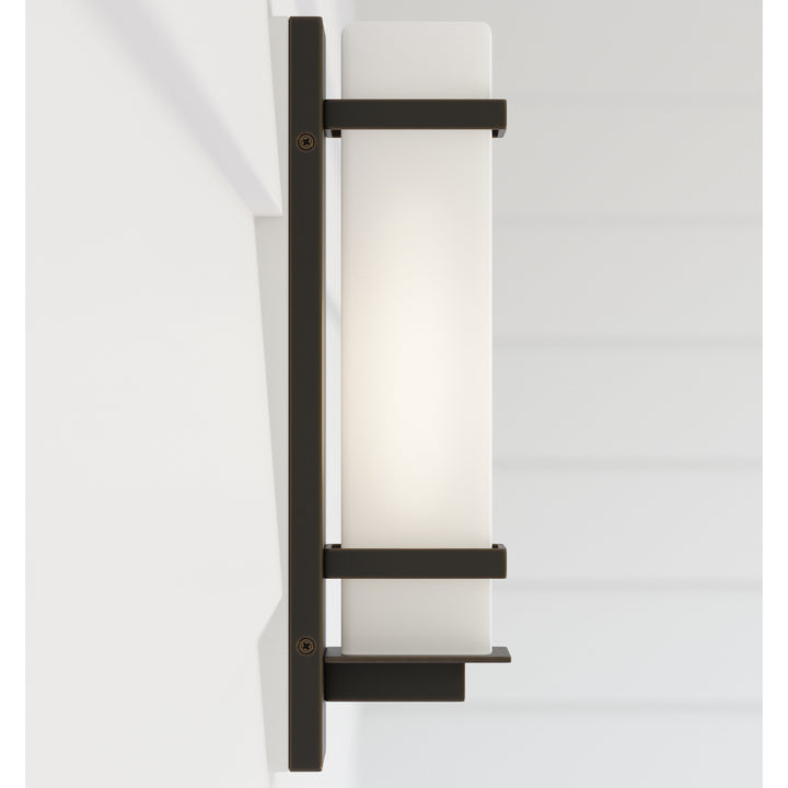 Alban modern 1-light outdoor exterior small wall lantern in antique bronze finish with etched opal g