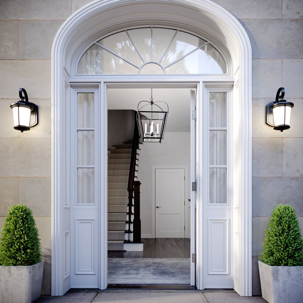 Eddington modern 1-light outdoor exterior medium wall lantern sconce in black finish with cased opal