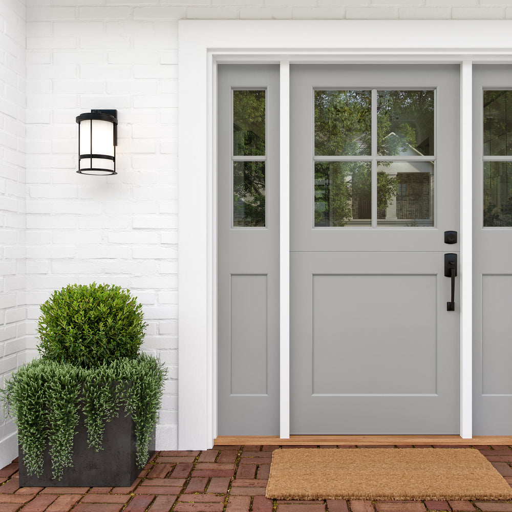 Wilburn modern 1-light outdoor exterior medium wall lantern sconce in black finish with satin etched