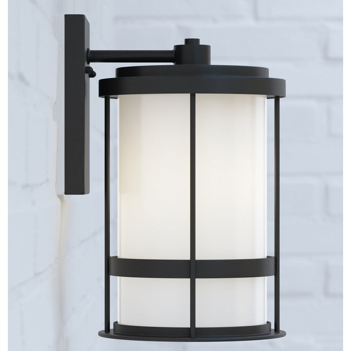 Wilburn modern 1-light outdoor exterior medium wall lantern sconce in black finish with satin etched