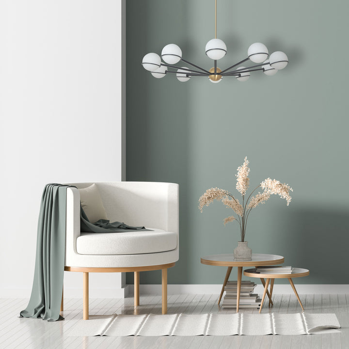 10LT Halogen Chandelier, MB/AGB with WH Opal Glass
