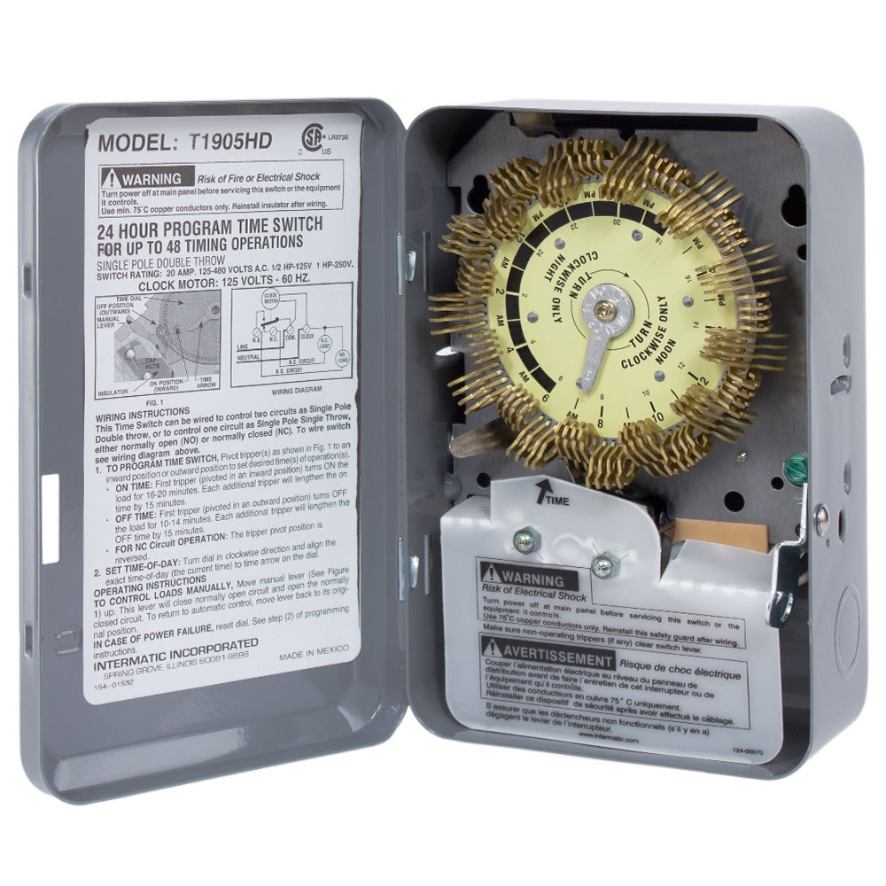 24-Hour Heavy-Duty Metal Dial Mechanical Time Switch, 125 VAC, 60Hz, SPDT, Indoor Metal Enclosure, 15 Minute Interval