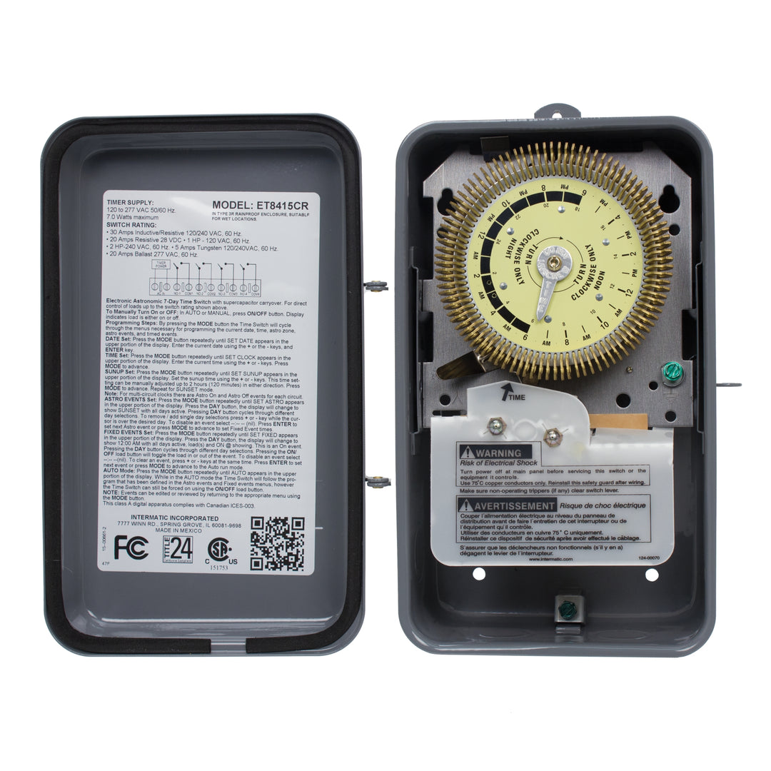 24-Hour Heavy-Duty Metal Dial Mechanical Time Switch, 125 VAC, 60Hz, SPDT, Outdoor Metal Enclosure, 15 Minute Interval