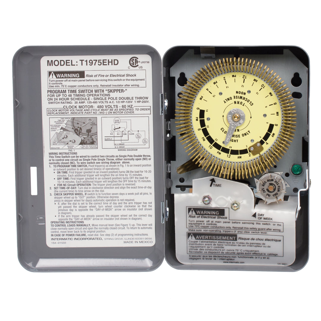 24-Hour Heavy-Duty Metal Dial Mechanical Time Switch with Skip-a-Day, 480 VAC, 60Hz, SPDT, Indoor Metal Enclosure, 15 Minute Interval