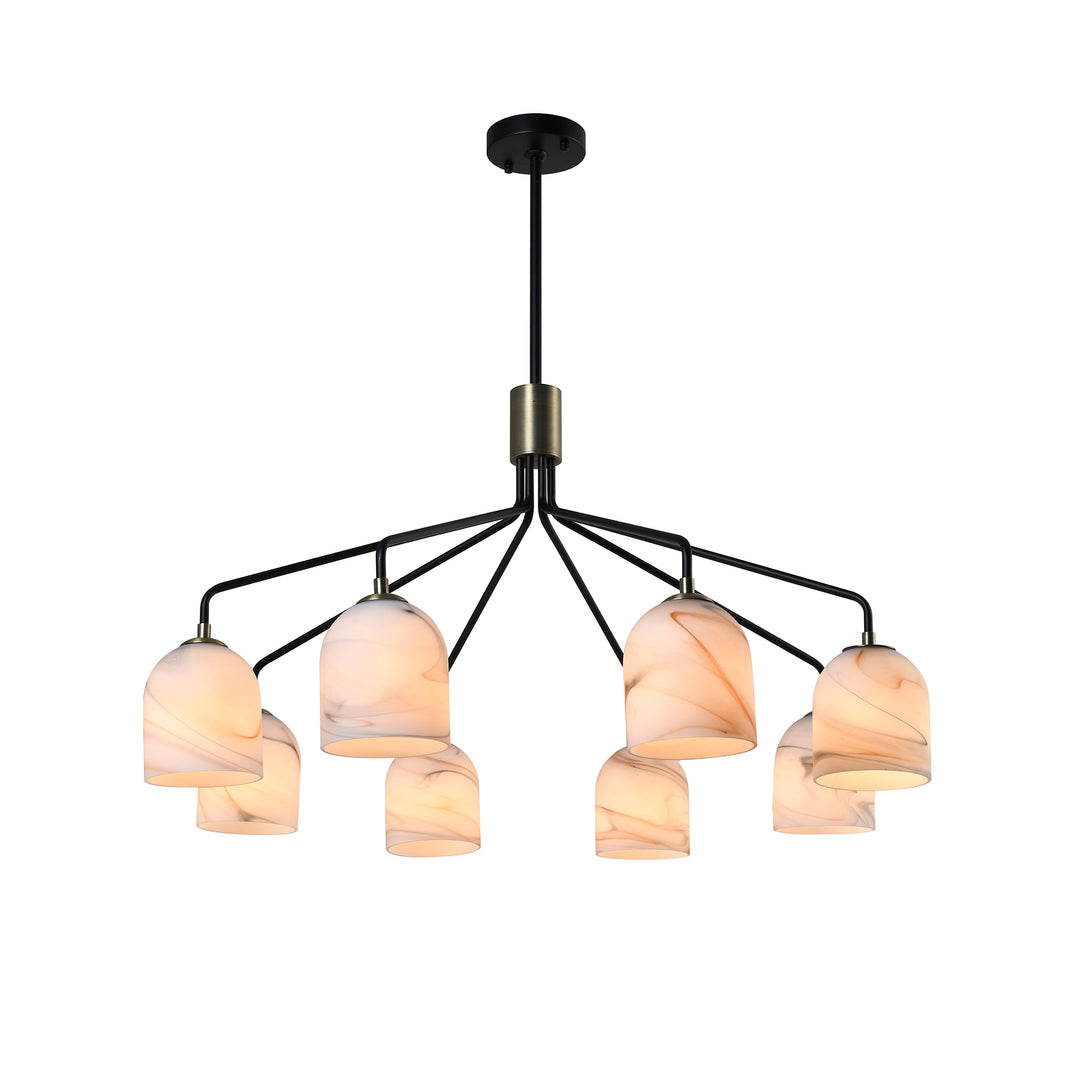 Crema 8 Light Chandelier 34.25", Black, Brushed Brass with Alabaster style glass