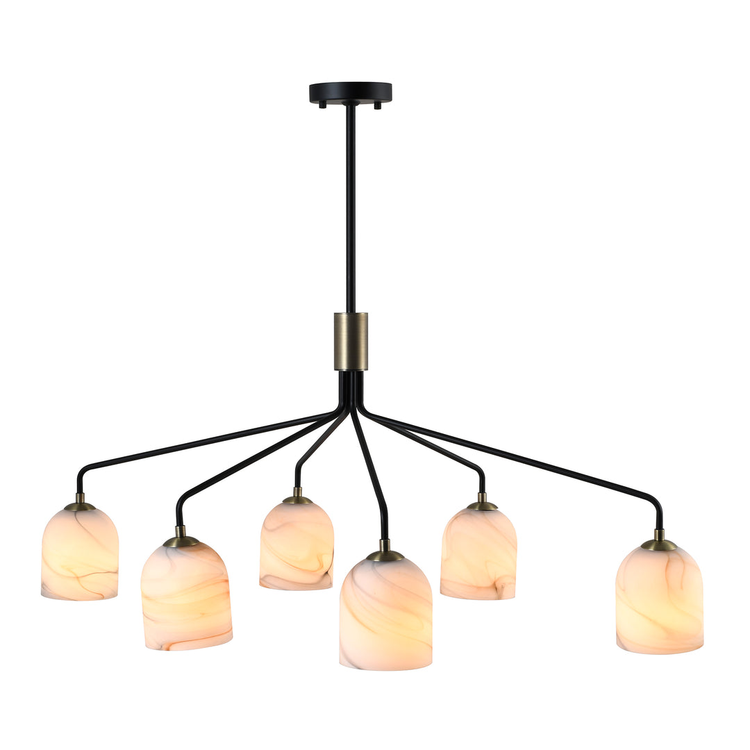 Crema 6 Light Chandelier, Black, Brushed Brass with Alabaster style glass