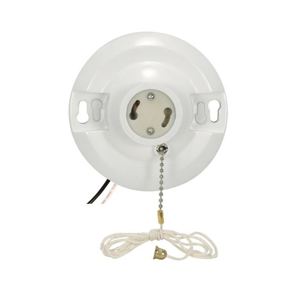 White Phenolic GU24 On-Off Pull Chain Ceiling Receptacle; 6&#34; AWM B/W Leads 105C; 4-1/2&#34;
