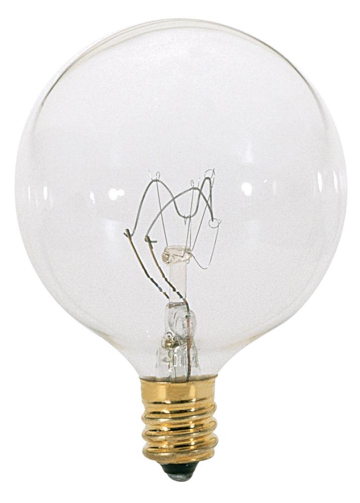 25 Watt G16 1/2 Incandescent; Clear; 2500 Average rated hours; 186 Lumens; Candelabra base; 130