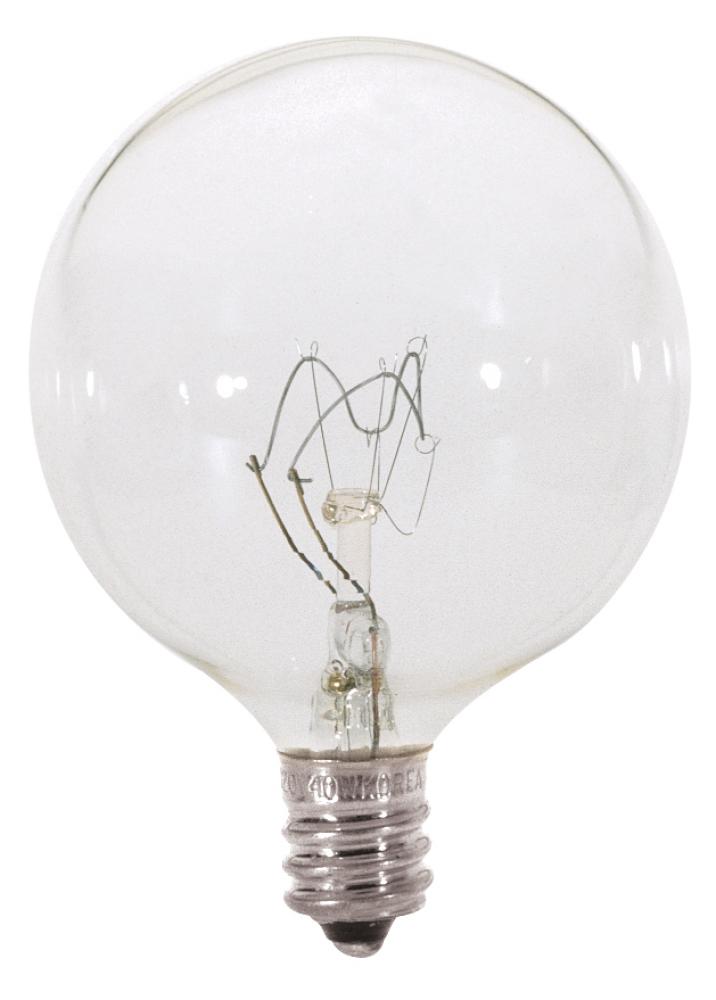 40 Watt G16 1/2 Incandescent; Clear; 2500 Average rated hours; 380 Lumens; Candelabra base; 120 Volt