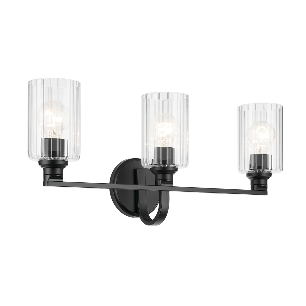 Gioe 24.25&#34; 3-Light Vanity Light with Clear Fluted Glass in Black