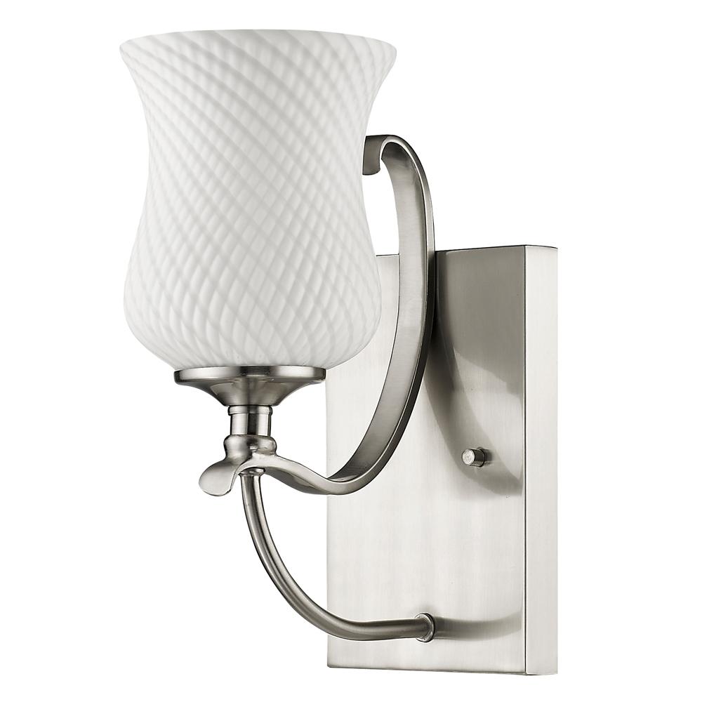 Evelyn 1-light sconce with curvy frame and a tulip-shaped and a hand-blown, opal twist glass shade.